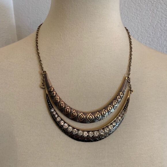 Tribal Collar Necklace Gold Rhinestone Boho - Picture 2 of 7